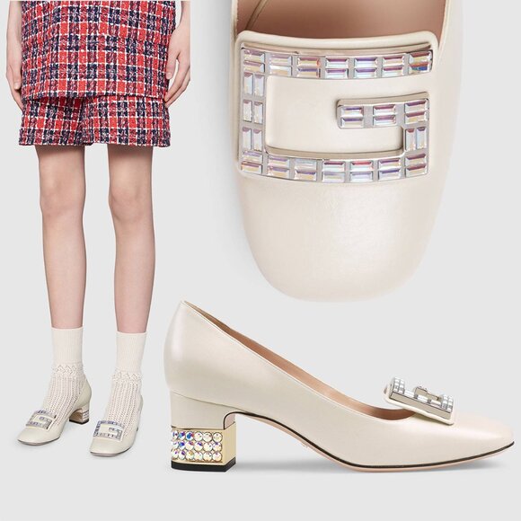 GUCCI SHOES MADELYN PUMPS CRYSTAL G BUCKLE LEATHER sz IT 37.5 US 7.5 - Picture 1 of 12